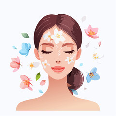 Kobieta z kwiatową pielęgnacją twarzy, naturalna uroda i relaksujący zabieg kosmetyczny.