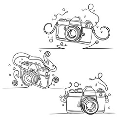 Hand-drawn vintage camera line art set
