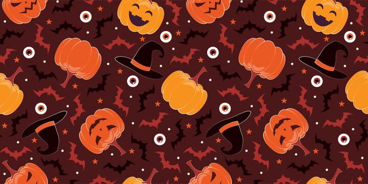 Halloween seamless pattern with pumpkins and bats. Vector illustration