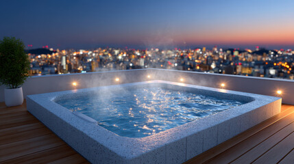 Fototapeta premium Luxury rooftop jacuzzi with steaming water and glowing city skyline bokeh at dusk on wooden deck, ideal for hotel spa marketing, hospitality website banner and travel promotion