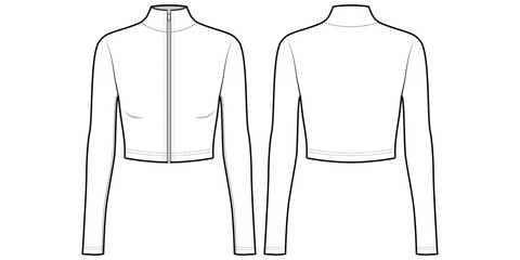 Women's Slim Fit Full Zip Crop Athletic Jacket- Front and Back View- Flat Vector Illustration-CAD Mock-up © Line_Studio