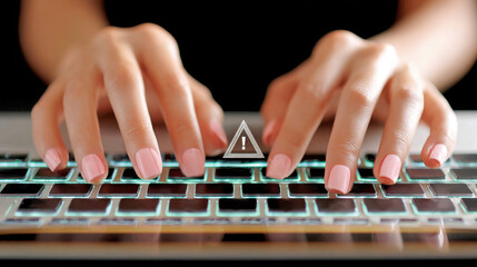 Fototapeta premium Closeup hands typing on backlit laptop keyboard with warning symbol for cybersecurity risk management campaign and it security awareness announcement