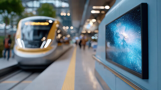 Modern metro train arriving at urban station platform with digital advertising screen and safety yellow line, city transport infrastructure and public transit marketing concept.