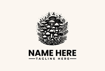 Black and white illustration of a mushroom logo with ferns and foliage on a beige background, featuring a customizable name and tagline in a simple, modern design.