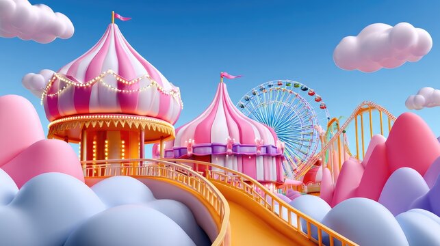 Colorful Amusement Park with Ferris Wheel, Roller Coaster, and Tent Structures Under Bright Blue Sky and Fluffy Clouds