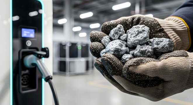 Gloved hand holding graphite pellets near electric vehicle charging station