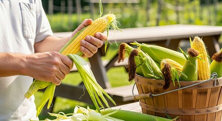 Man preparing fresh corn on the cob at wooden picnic table outdoors  