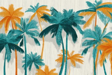 Tropical artwork of stylized palm trees in turquoise and orange against a textured white backdrop
