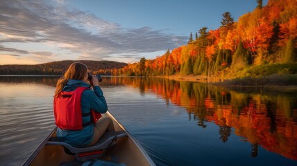 A person in a canoe observing an autumn landscape on a lake, canoe on the river, boat on lake, canoe on lake