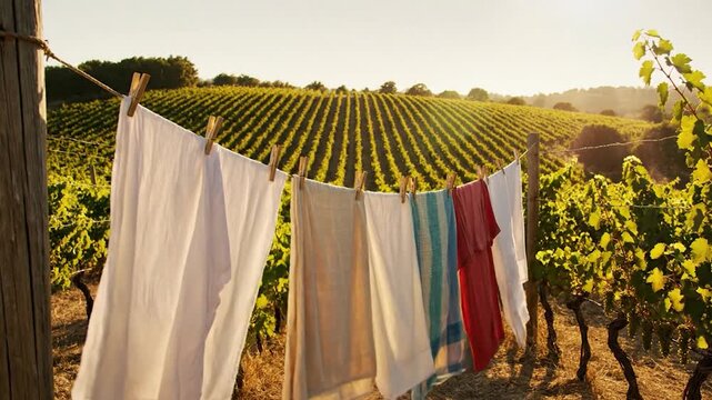 Laundry drying on a clothesline in a sunny vineyard landscape