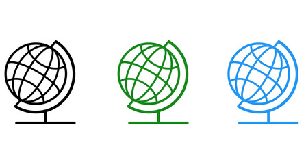 Globe Icon Set. Black Green Blue World Map Line Symbols