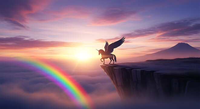 Magical unicorn with wings stands on a cliff edge with a rainbow and mountains at sunrise