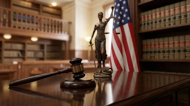Judiciary action judge delivers justice to prisoner in courtroom setting usa photorealistic scene dramatic perspective
