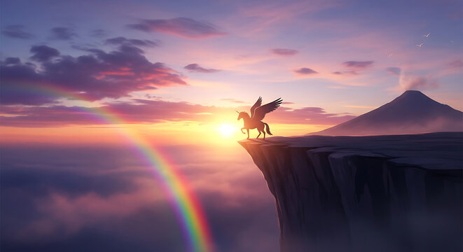 Majestic winged horse gazing at a breathtaking sunset sky with a vibrant rainbow over a mystical volcanic landscape