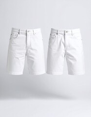 Two pairs of white denim shorts on gray backdrop