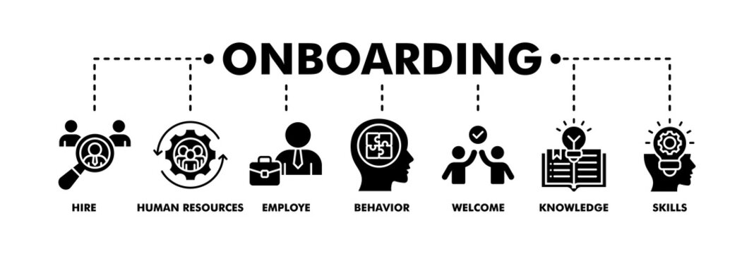 Onboarding banner web glyph vector illustration concept for human resources business industry to introduce newly hired employee into an organization with behavior, welcome, knowledge, and skills icon