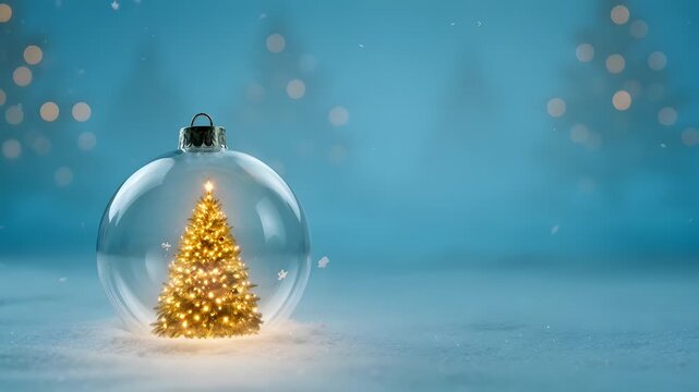 Snow globe displayed on white table with soft falling snow and blurred christmas home background in winter season