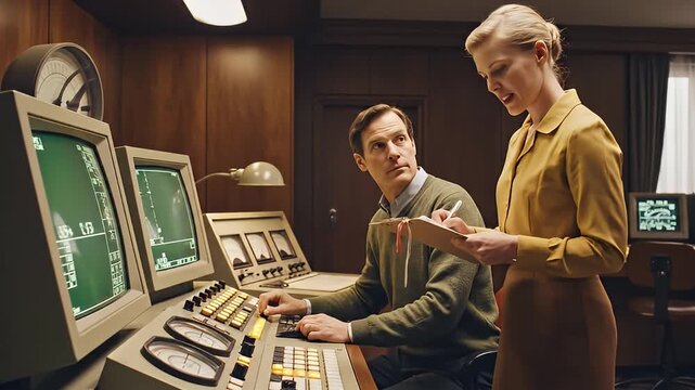 Vintage computer operators work at control consoles in a dim data room.