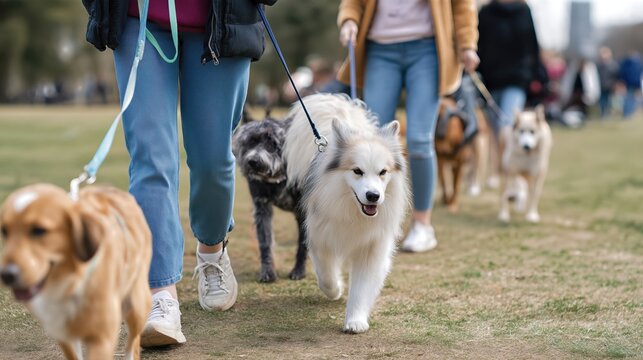 Dog walkers strolling with multiple dogs in a park on a sunny day  