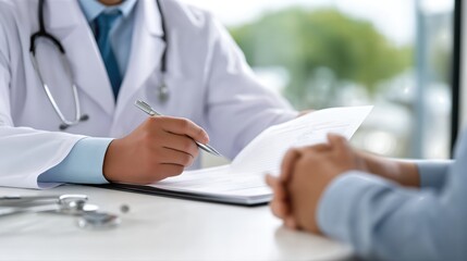 Fototapeta premium Doctor consulting with patient by table and discussing medical report 