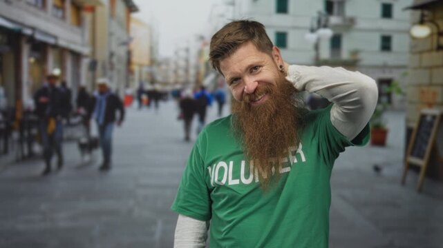 Smiling volunteer man in green shirt uses hand to pull beard on busy sunlit street; compassion service.