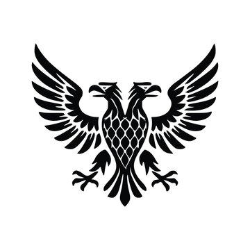 A vector black silhouette of a two-headed eagle logo presented on a clean white background. The design features a symmetrical, heraldic posture with both eagle heads facing outward in opposite directi