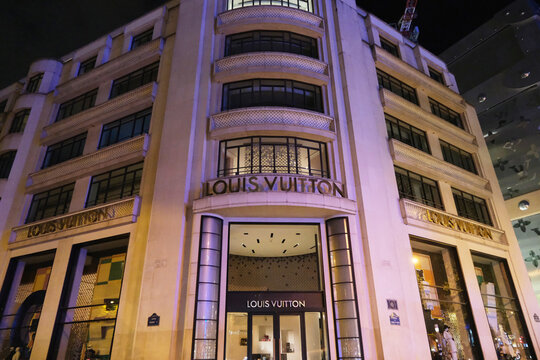 Paris,France-Oct.4th 2025: large Louis Vuitton flagship store at night