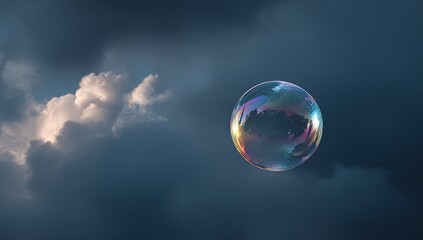Large, iridescent bubble floats in the air, with clouds in the background, set against a dark sky