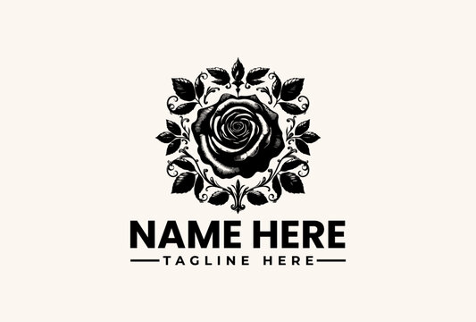 A black and white vector illustration of a rose logo with leaves and a customizable name and tagline on a plain background.