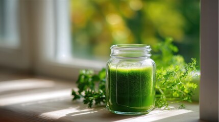 Fresh green smoothie in jar beside herbs on sunny window sill  
