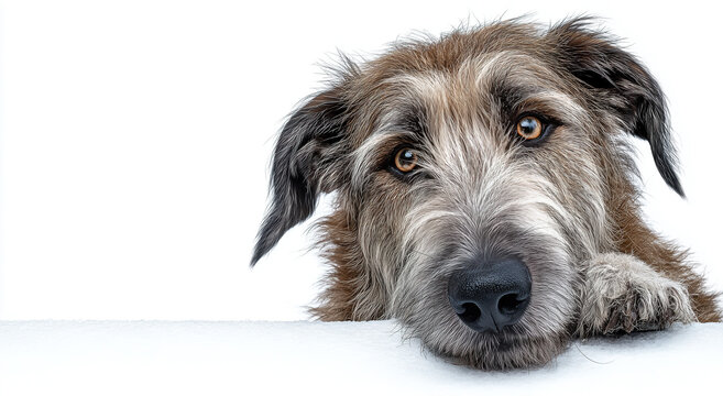 Irish wolfhound looks up while resting its head on a surface in a bright setting with a simple background and focused gaze