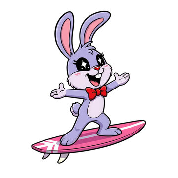 Happy Cartoon Bunny Surfing on Pink Surfboard, Clean Background Removal