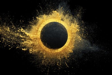 A dark sphere explodes within a golden halo of particles, set against a black backdrop