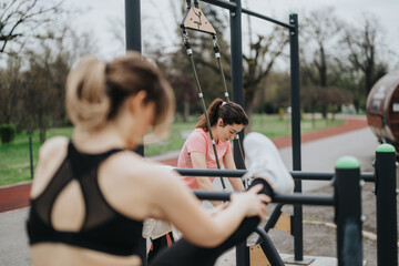Obraz premium Two women exercise at an outdoor gym in a park. A foreground figure stretches on equipment while another continues her workout.