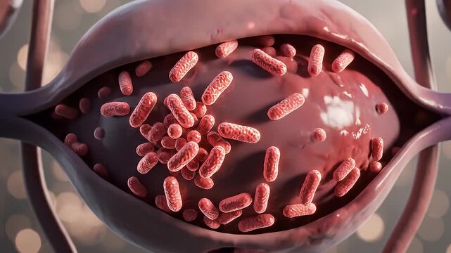 Video footage showing microscopic bacteria in reproductive system anatomy.