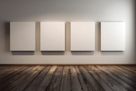 Four blank canvas panels, mounted on a neutral wall, above a textured wooden floor