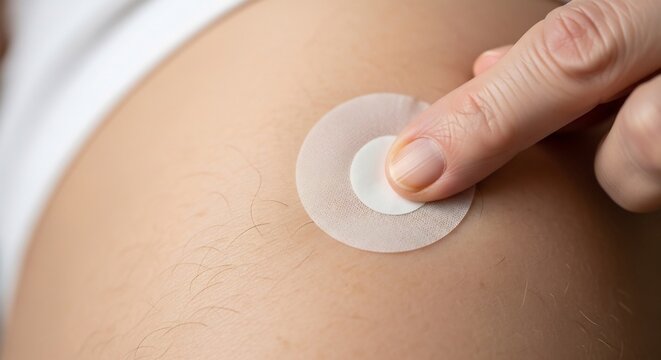 Patient applying transdermal medication patch for continuous hormone delivery system.