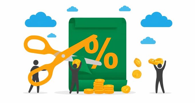 Big Savings! Cartoon illustration depicts a green tag with a percentage sign being cut with scissors, surrounded by falling coins and stick figures celebrating