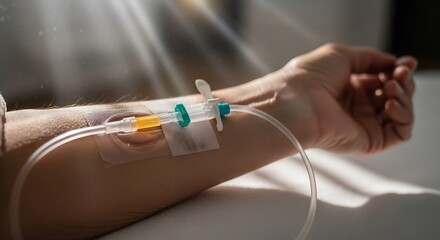 Hospital patient receiving intravenous fluid therapy via cannula during clinical recovery.