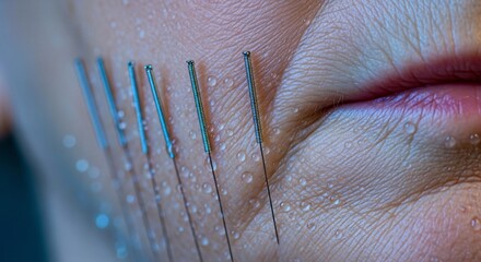 Practitioner applying acupuncture needles for facial rejuvenation and holistic wellness.
