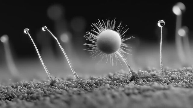 Monochrome microscopic world showcases delicate fungal structures and dewdrops on fine filaments emerging from a grainy substrate