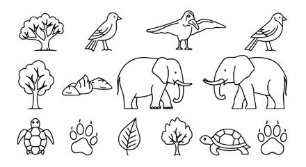 Fototapeta premium Wildlife icon set vector, elephant, bird, turtle, tree, leaf, paw print, black and white line art
