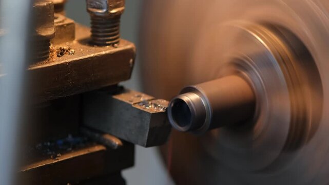 A close-up of a metalworking machine with a spinning metal rod and a metal clamp