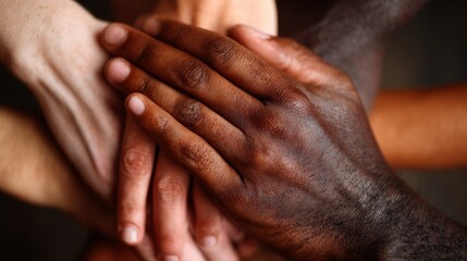 Fototapeta premium Unity of Diverse Hands Coming Together in Harmony Displaying Different Skin Tones and Cultures