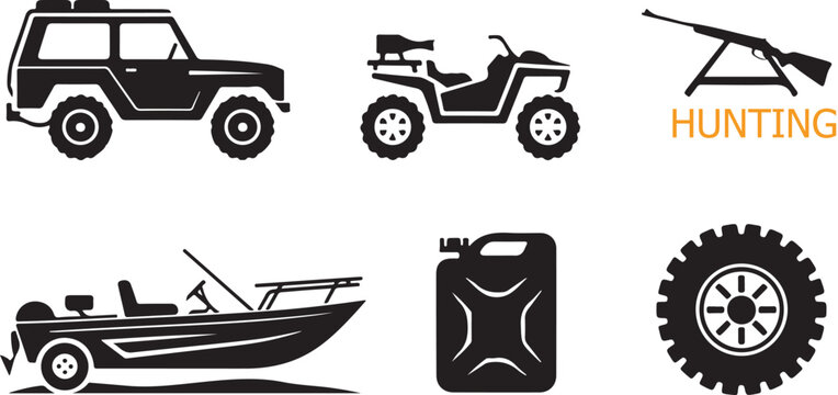Collection of essential black silhouette icons for outdoor hunting and recreational vehicle activities