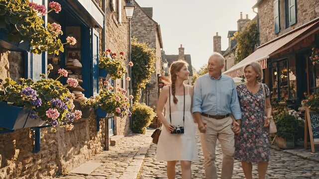 A multigenerational family strolls hand-in-hand through a charming flower-filled cobblestone street in a picturesque European village capturing memories and enjoying quality time together