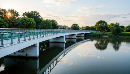 Obraz premium Modern bridge reflecting in calm river at sunset in lush park 
