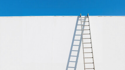 Ladder against a white wall reaching for a bright blue sky