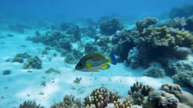 Animated bluestripe snapper swimming gracefully over colorful coral reef in tropical waters showing marine biodiversity and underwater ecosystem beauty