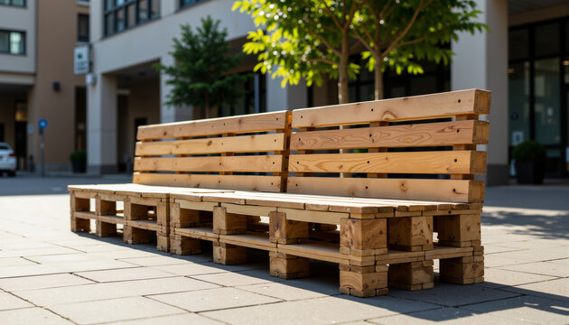 Wooden bench made from stacked pallets in urban public space  